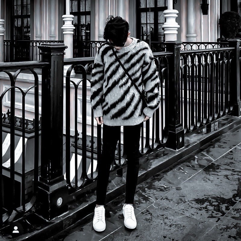 Áo Len Nam Nữ Lông Xù Sọc Vằn, Áo len loang báo vằn form rộng