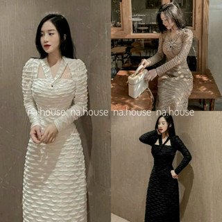 Đầm tay dài khoét ngực trắng đen nâu dự tiệc sang trọng Nahouse váy suông thun sóng thiết kế đẹp