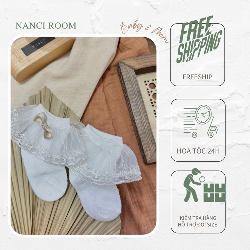 Vớ cổ thấp ren đính nơ công chúa em bé Nanci room