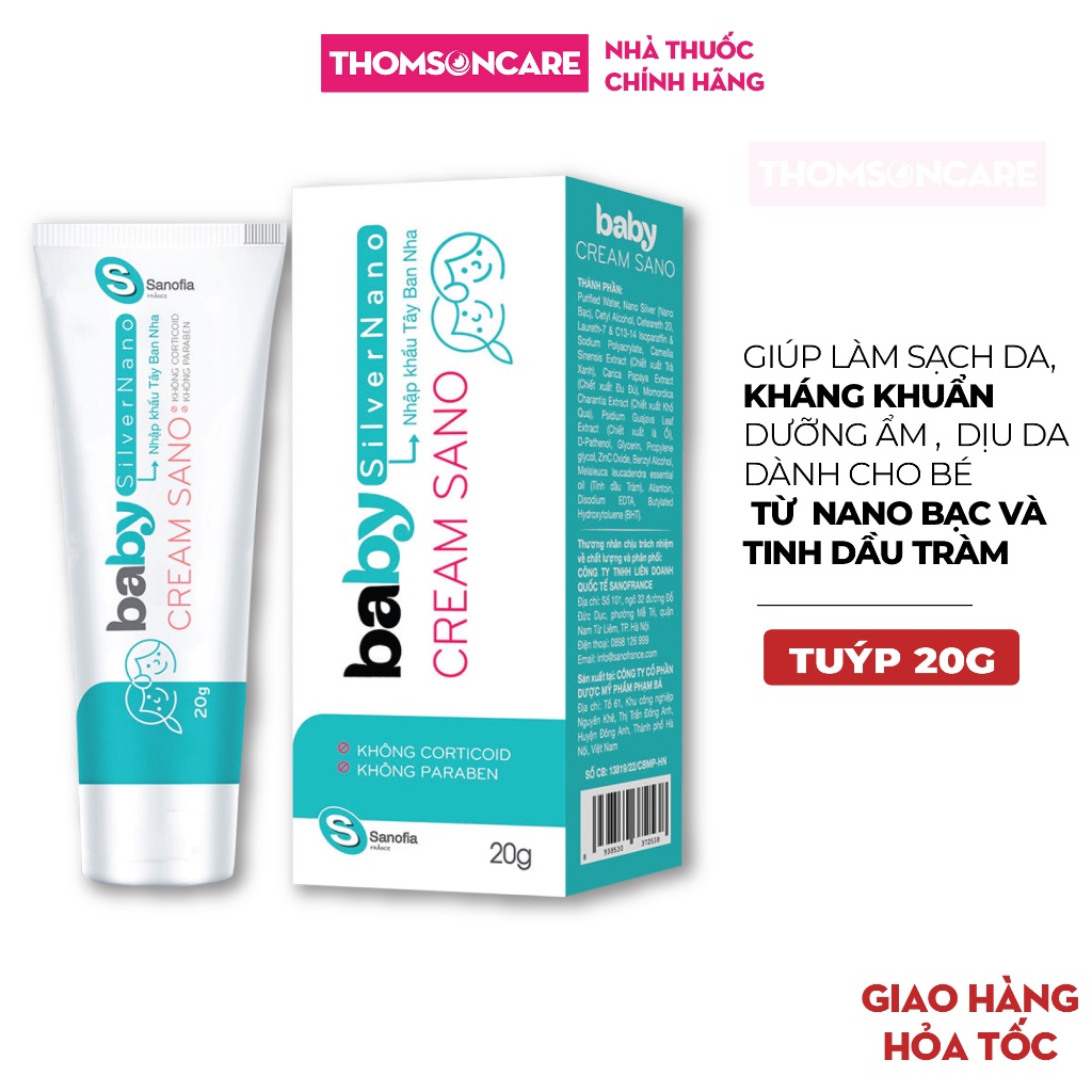 Kem bôi da cho bé Baby Cream Sano Sanofia France- Giúp làm sạch da kháng khuẩn, làm da mềm mại- Từ Nano  bạc - Tuýp 20g
