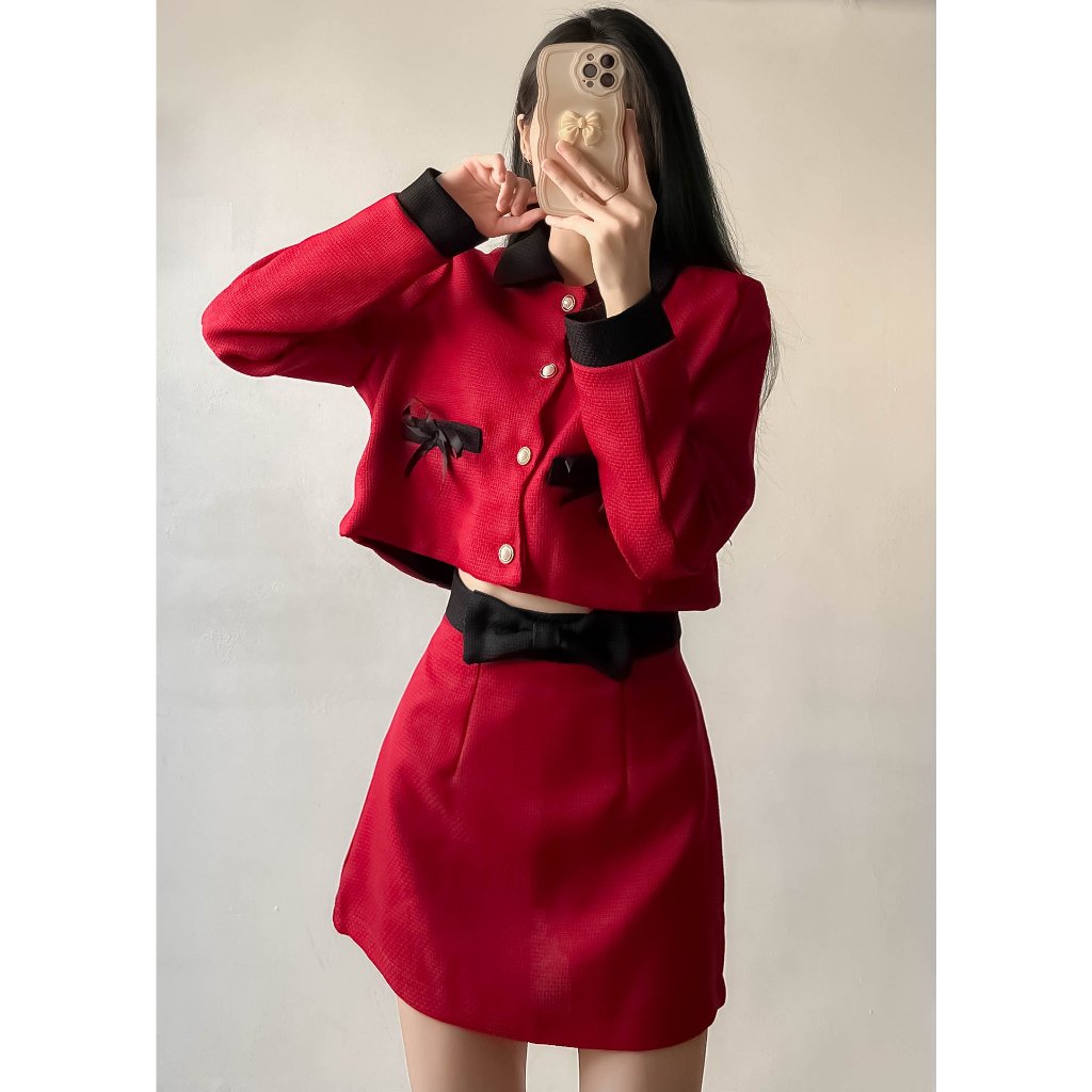 Set dạ Tweet  nơ đen kèm chân váy chữ A - Retrostyle - Setda217_P13K1