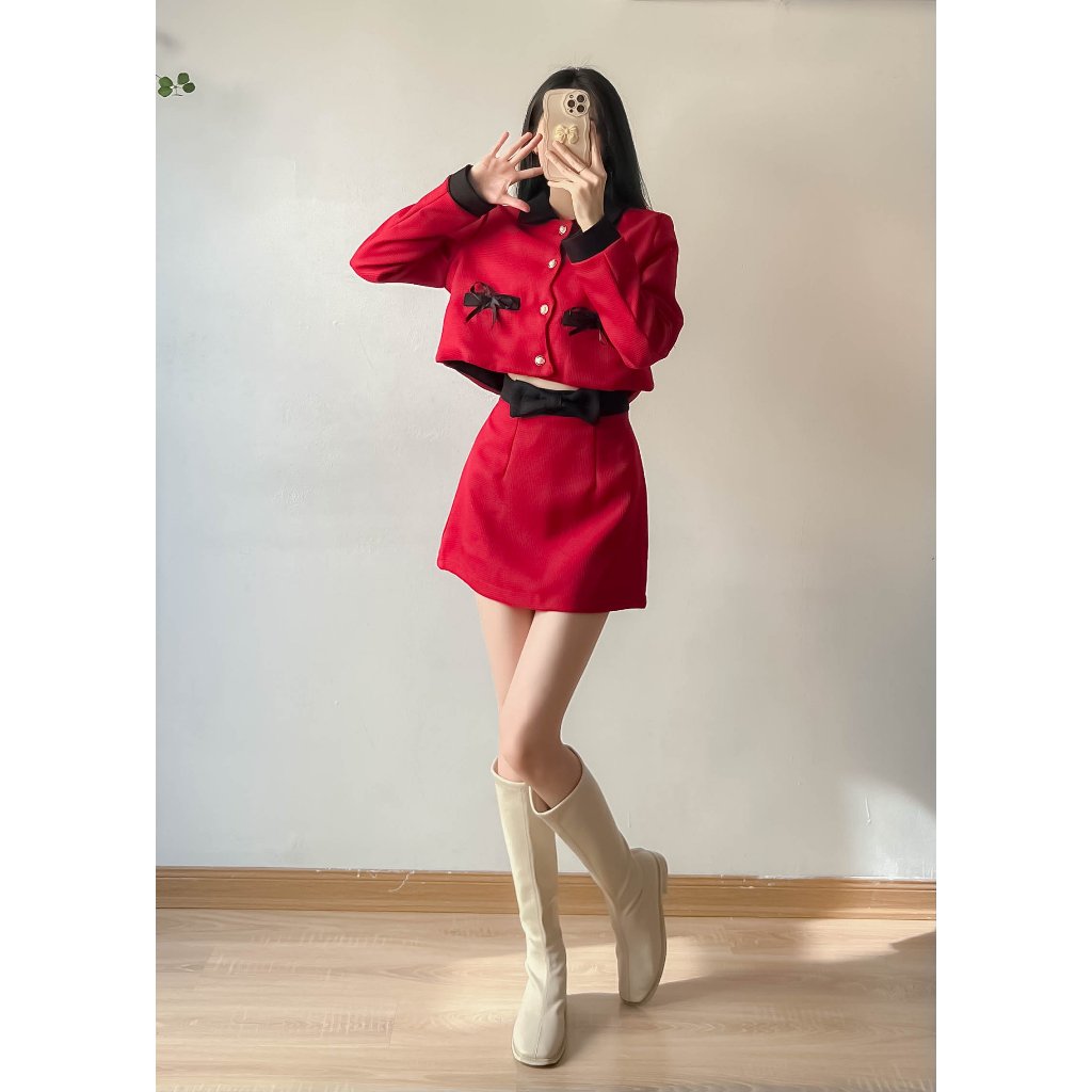 Set dạ Tweet  nơ đen kèm chân váy chữ A - Retrostyle - Setda217_P13K1