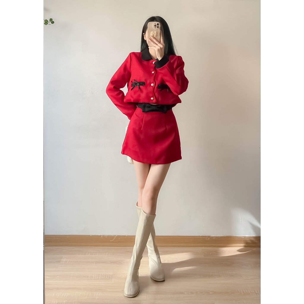 Set dạ Tweet  nơ đen kèm chân váy chữ A - Retrostyle - Setda217_P13K1