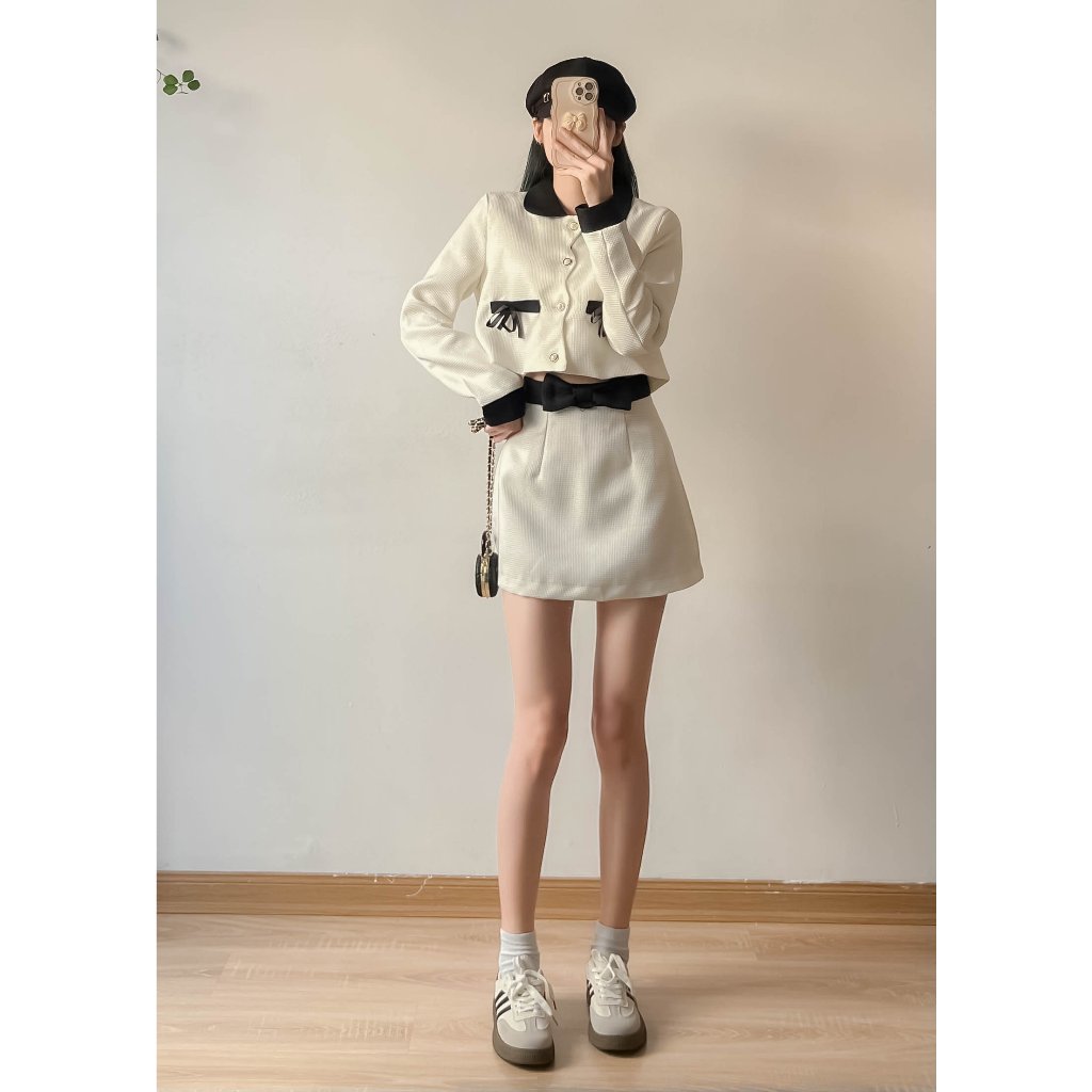 Set dạ Tweet  nơ đen kèm chân váy chữ A - Retrostyle - Setda217_P13K1