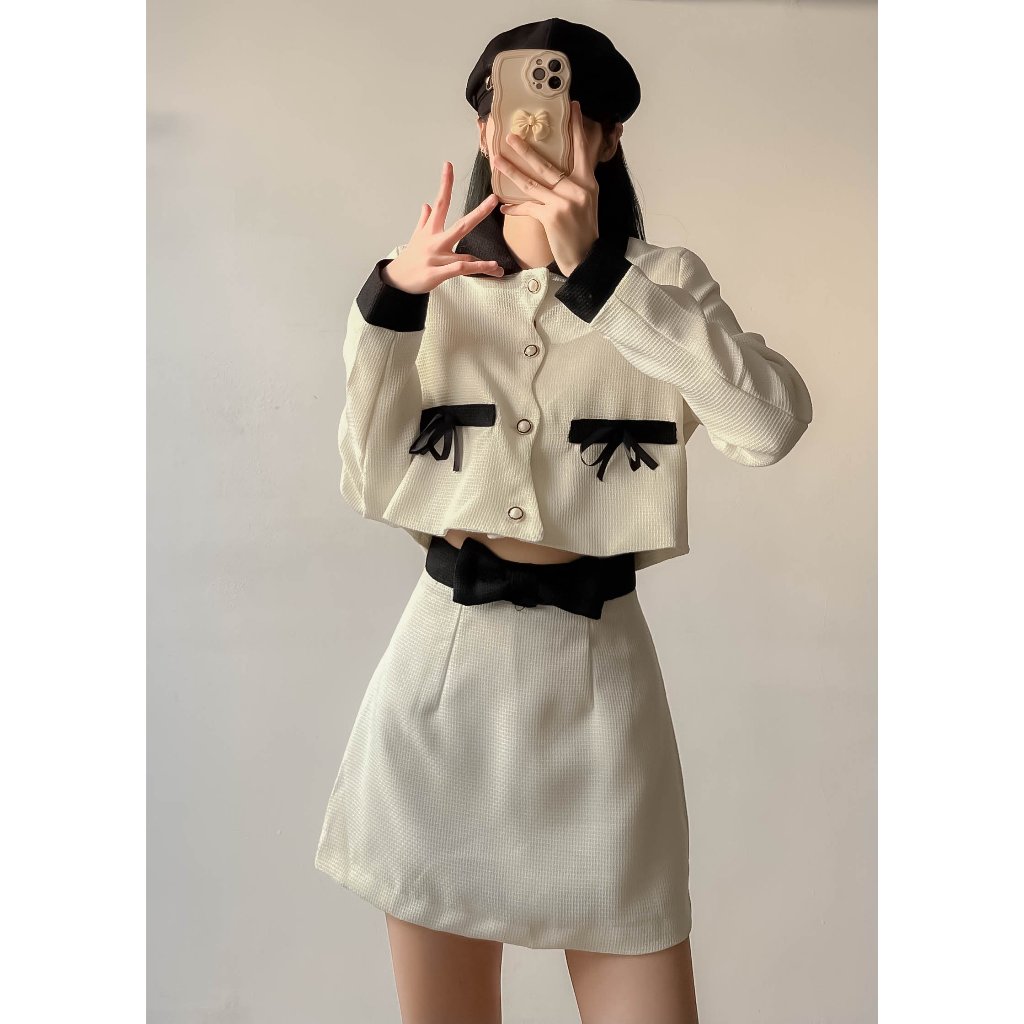 Set dạ Tweet  nơ đen kèm chân váy chữ A - Retrostyle - Setda217_P13K1