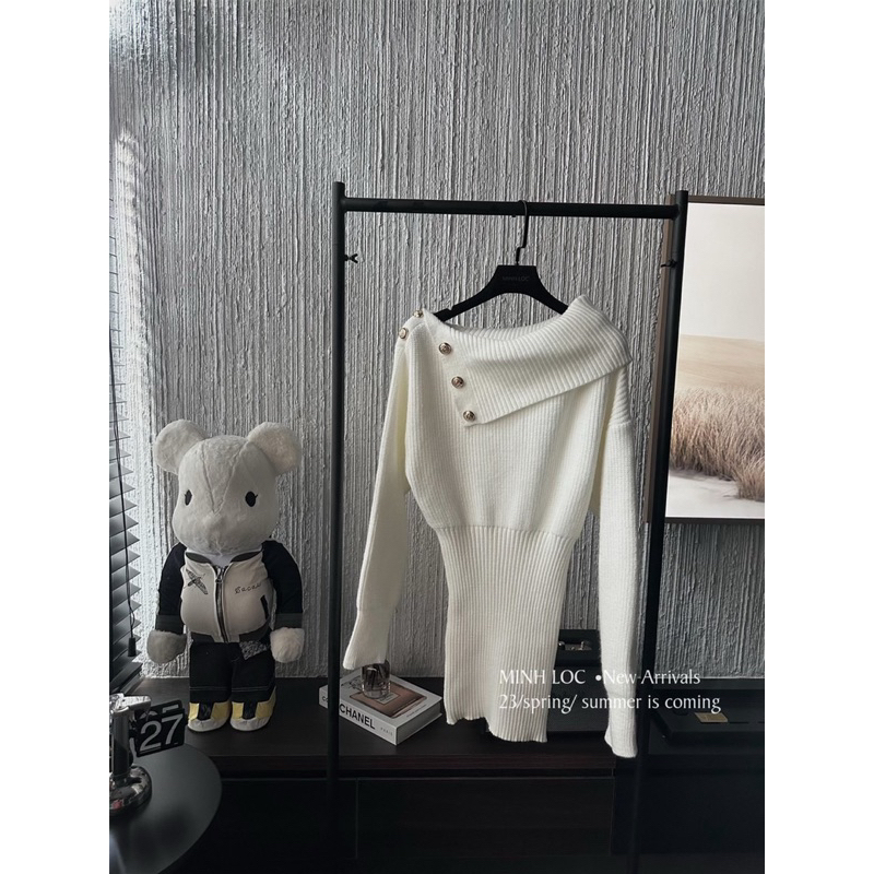 Váy len body trễ vai khuy