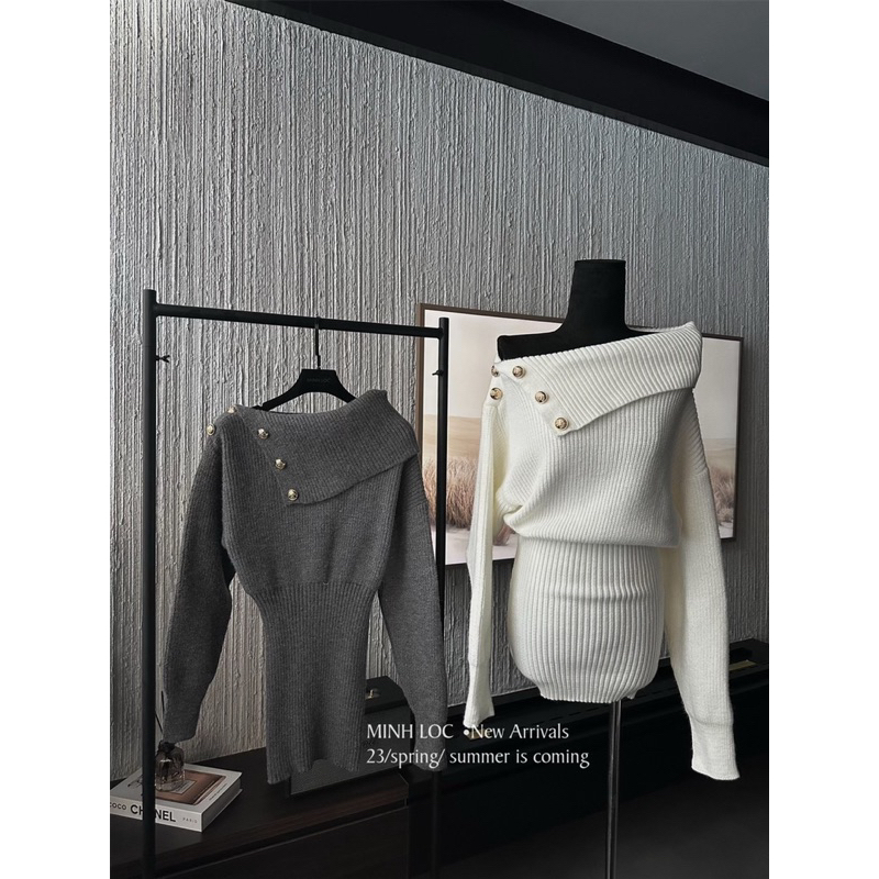 Váy len body trễ vai khuy