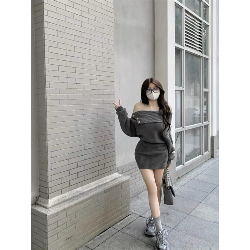 Váy len body trễ vai khuy