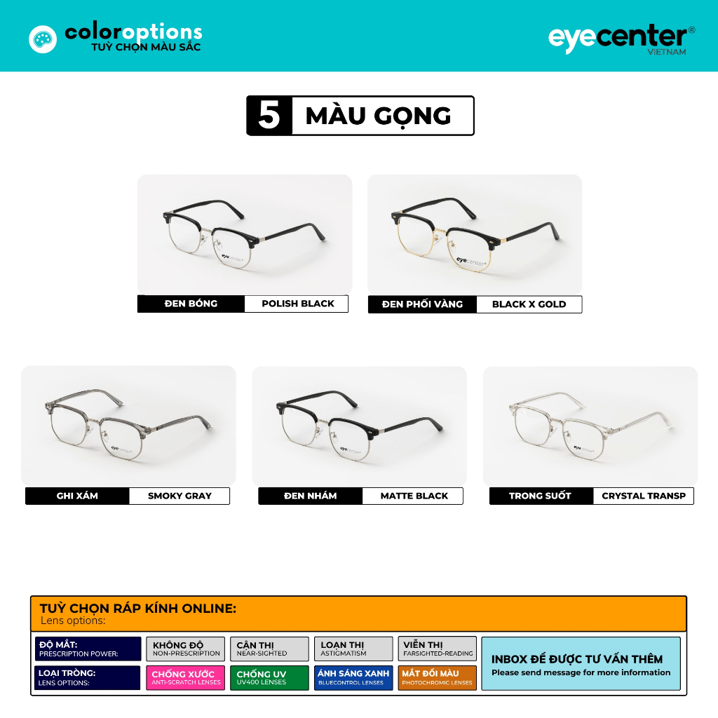 Gọng kính nam nữ chính hãng EYECENTER B103S nhựa phối kim loại nhập khẩu by Eye Center Vietnam