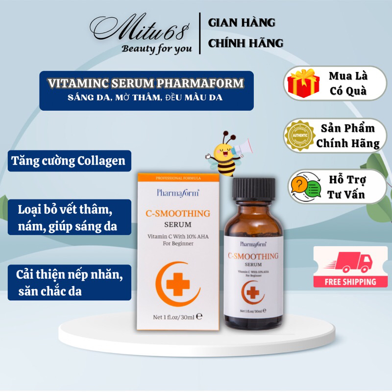 Tinh chất Làm Đều màu da và giảm nếp nhăn Pharmaform C Smoothing Se rum Chứa 10%AHA và Vitamin C 30ml