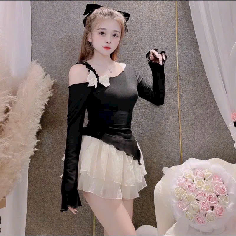 Áo kiểu lệch vai đính nơ vạt chéo tay dài dáng tiểu thư dễ mặc