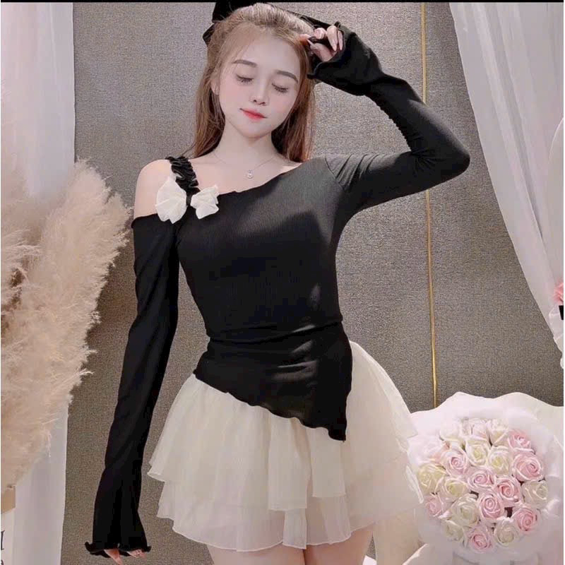 Áo kiểu lệch vai đính nơ vạt chéo tay dài dáng tiểu thư dễ mặc