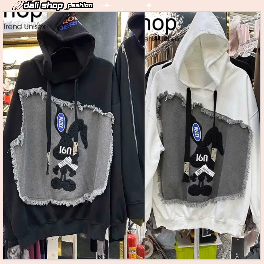 Áo hoodie nữ chất nỉ ngoại dày đẹp phối vải bò cực hot hình thỏ xinh xắn