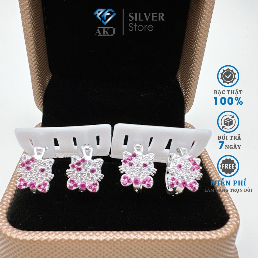 Khuyên tai bạc cho bé-Bông Tai mèo Kitty xinh xắn-Bông Tai AKJ Silver chất liệu bạc ta nguyên chất
