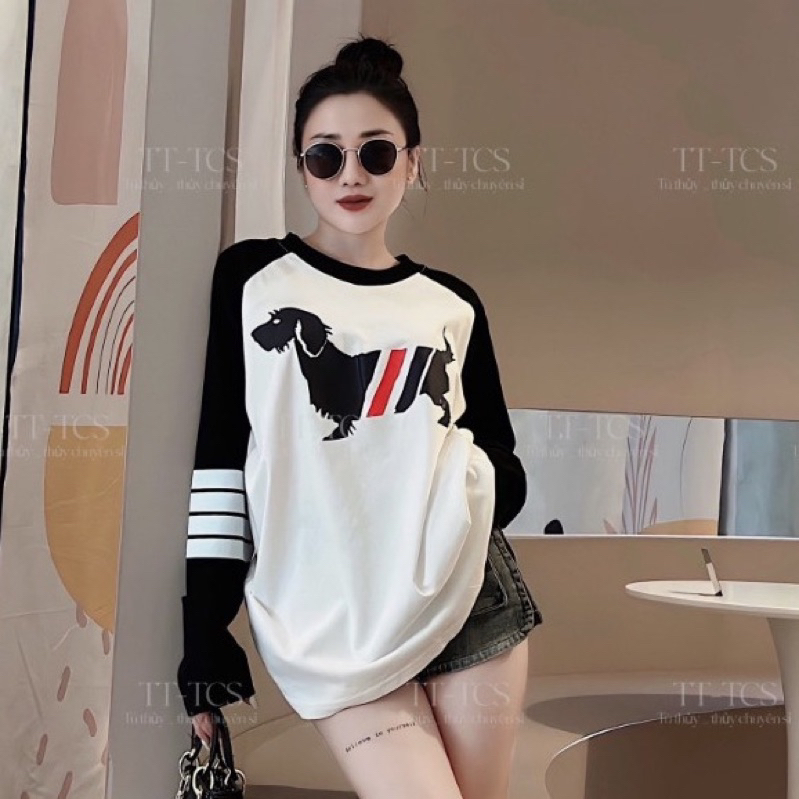 Áo thun dài tay thu đông cotton giấy phôi tay in cún tay vạch màu Hs2023