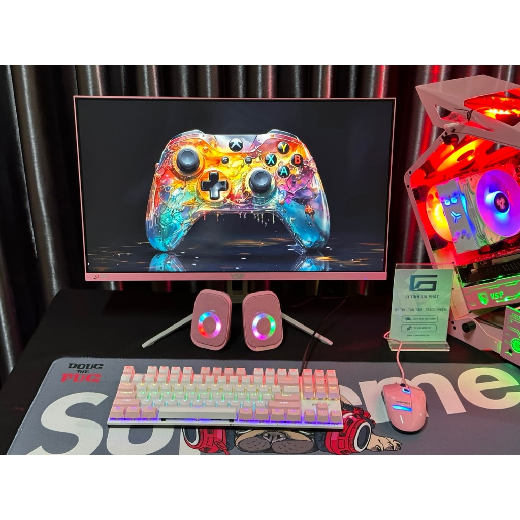 Full bộ pc gaming Esport I3 10105F 16GB 1060 6GB tản nước màn 24" tràn viền chiến full game online - Hồng Trắng Đen