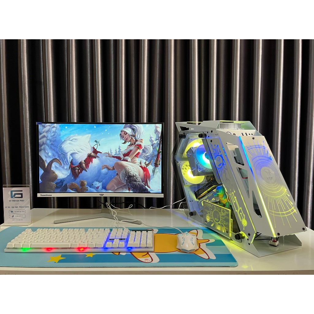 Full bộ pc gaming Esport I3 10105F 16GB 1060 6GB tản nước màn 24" tràn viền chiến full game online - Hồng Trắng Đen