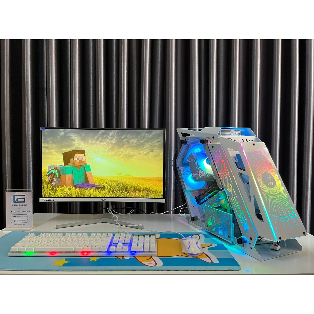 Full bộ pc gaming Esport I3 10105F 16GB 1060 6GB tản nước màn 24" tràn viền chiến full game online - Hồng Trắng Đen