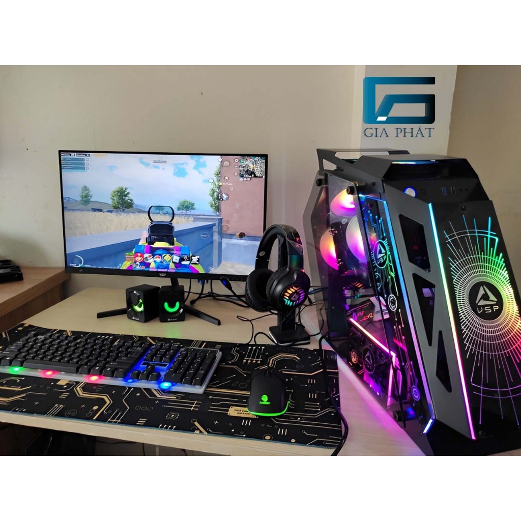 Full bộ pc gaming Esport I3 10105F 16GB 1060 6GB tản nước màn 24" tràn viền chiến full game online - Hồng Trắng Đen