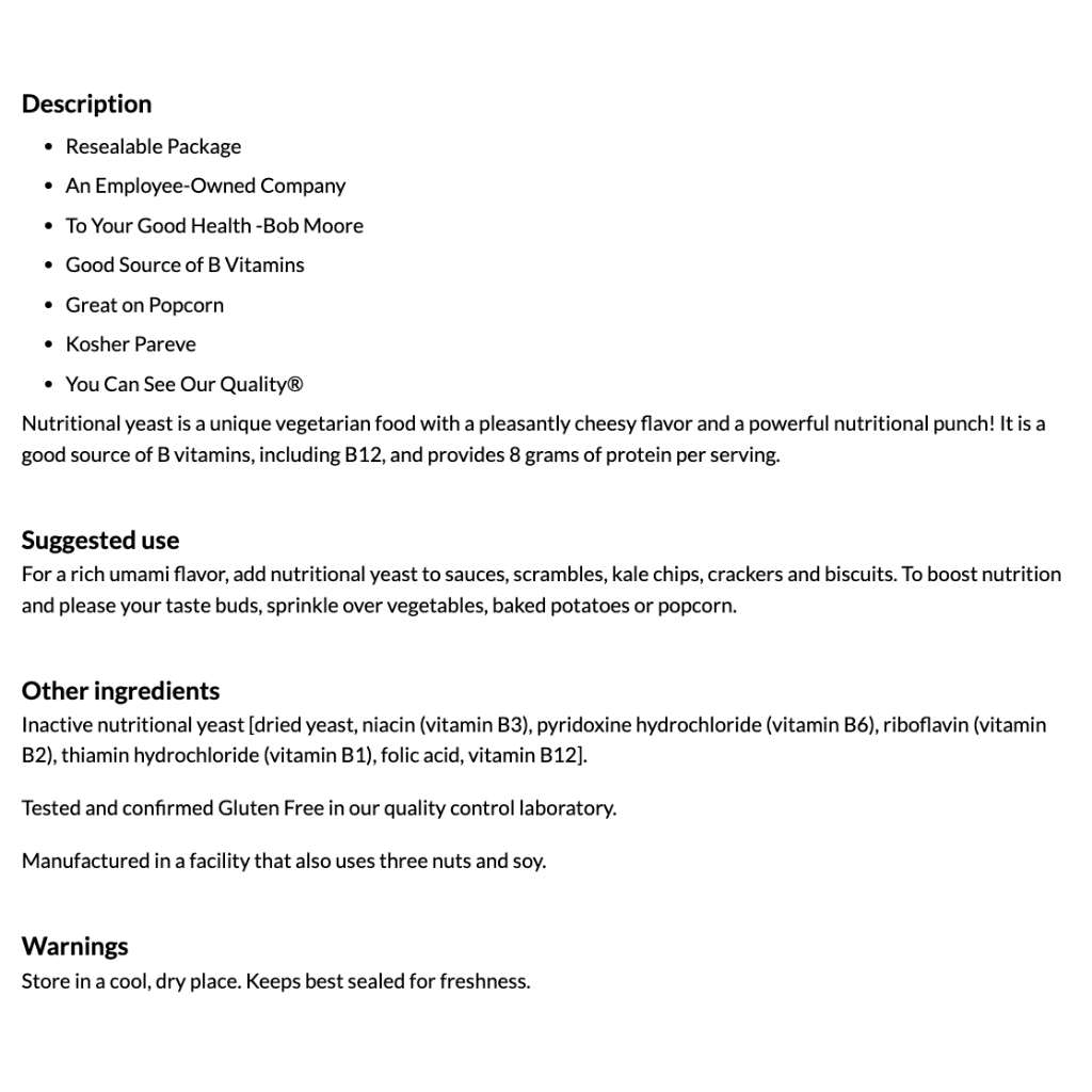 MEN DINH DƯỠNG HẠT TO, GIÀU VITAMIN B - Bob's Red Mill, Large Flake Nutritional Yeast, Gluten Free, ĂN KIÊNG Kosher, 142