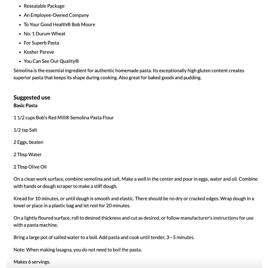 BỘT PASTA - LASAGNA - BÁNH PUDDING Bob's Red Mill, Semolina Flour, Non GMO, ĂN KIÊNG Kosher, 680g