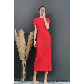 C2821 - 	đầm thun xốp cổ tròn tay ngắn