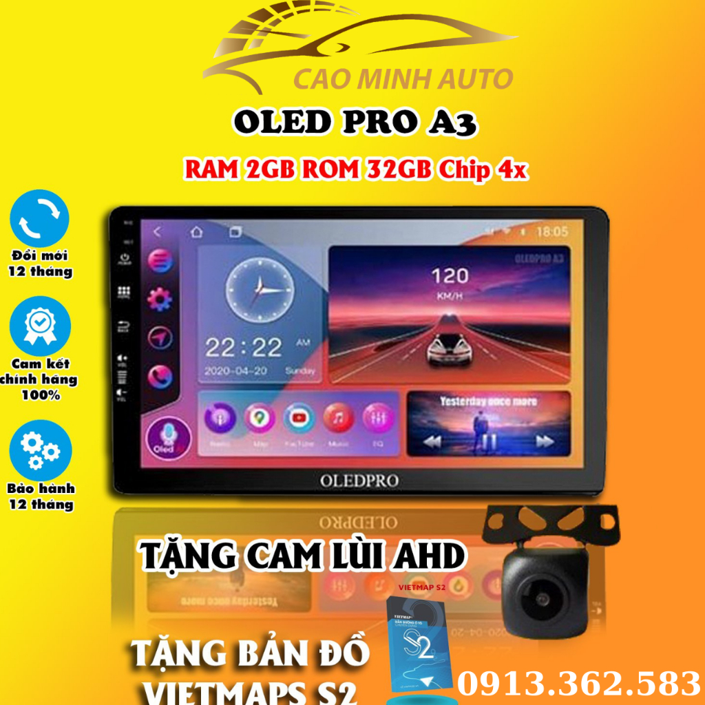 Màn hình DVD android OLEDPRO A3 lắp sim 4G RAM 2G ROM 32G cho các dòng xe, thu phát wifi,bản đồ chỉ đường VIETMAP S1 new