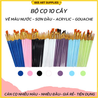 Bộ cọ vẽ tranh màu nước, acrylic, gouache 10 cây nhiều dáng đầu