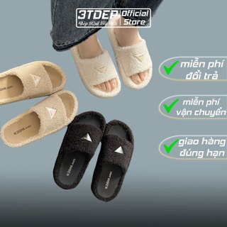 3TDEP - Dép lông nữ đế lót da, đính tam giác, lông mềm xịn hottrend 2023