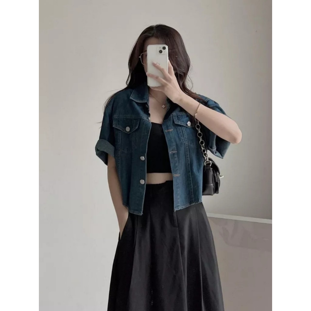 Áo sơ mi jean nữ ngắn tay khoác ngoài thu đông y2k hàn quốc ulzzang dáng croptop lửng tôn dáng unisex SM9