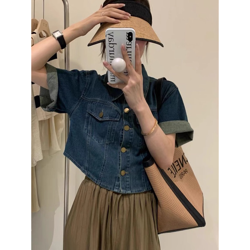 Áo sơ mi jean nữ ngắn tay khoác ngoài thu đông y2k hàn quốc ulzzang dáng croptop lửng tôn dáng unisex SM9