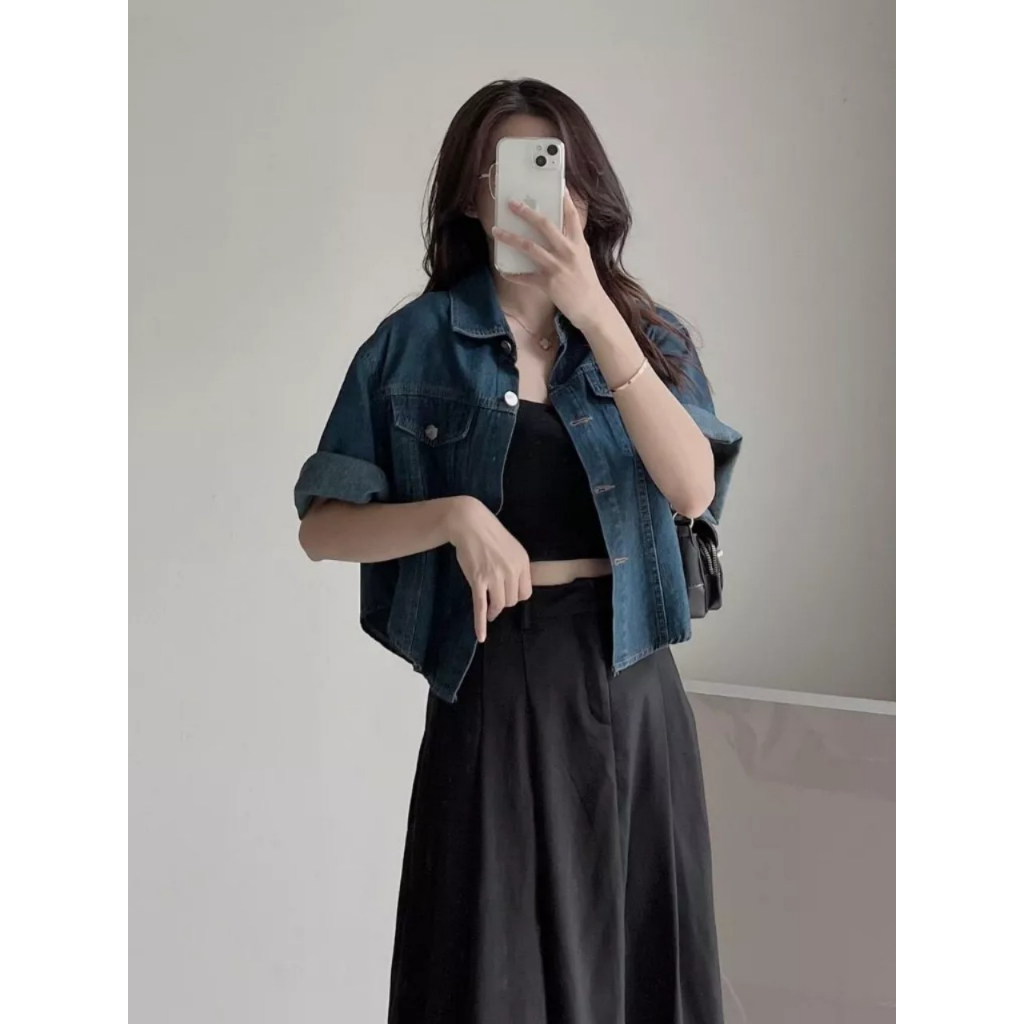 Áo sơ mi jean nữ ngắn tay khoác ngoài thu đông y2k hàn quốc ulzzang dáng croptop lửng tôn dáng unisex SM9