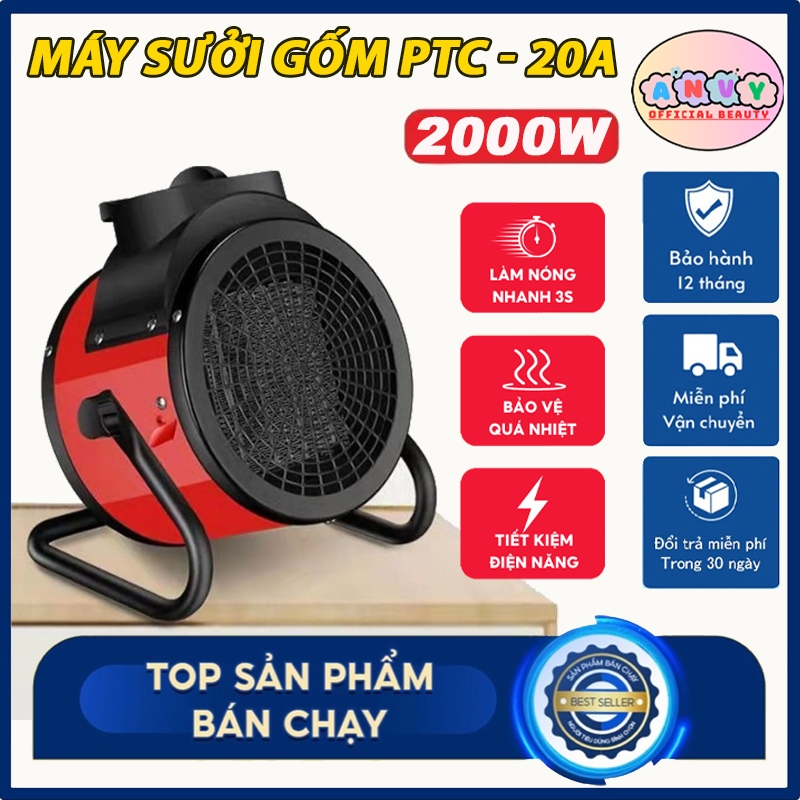 Quạt sưởi mini, Máy sưởi gốm công nghệ PTC Công suất 2000W xoay 360 độ, có lưới bảo vệ - Quạt sưởi ấm mùa đông