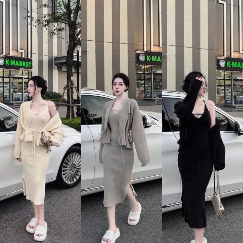 Set Len QC Ms.2020 Đầm Len Hai Dây Ôm Body Sẻ Tà Phối Áo Choàng Len Dáng Suông Chất len Dày Dặn, Hàng Qc Loại 1