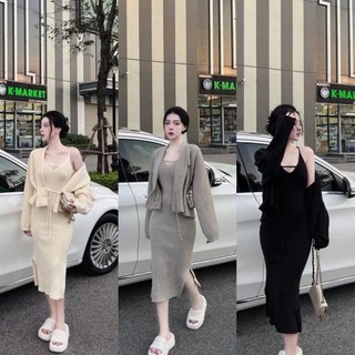 Set len qc ms.2020 đầm len hai dây ôm body sẻ tà phối áo choàng len dáng suông chất len dày dặn, hàng qc loại 1