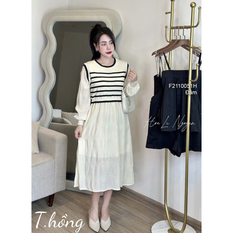 Đầm xòe tay dài cổ tròn giả áo gile sọc cá tính VIENS STORE