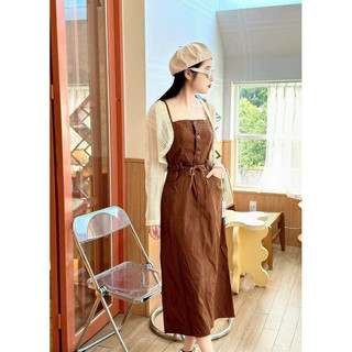 *Sét áo khoác Lên đẹp kèm Đầm rút dây eo, thời trang áo tay dài Đầm cổ dây nút thật chất Ren eo rút dây dài maxi