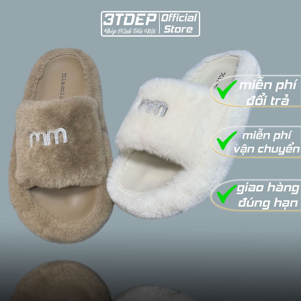 3TDEP - dép lông cừu nữ sang chảnh MM đính đá, bản đế da cao cấp, chuẩn size