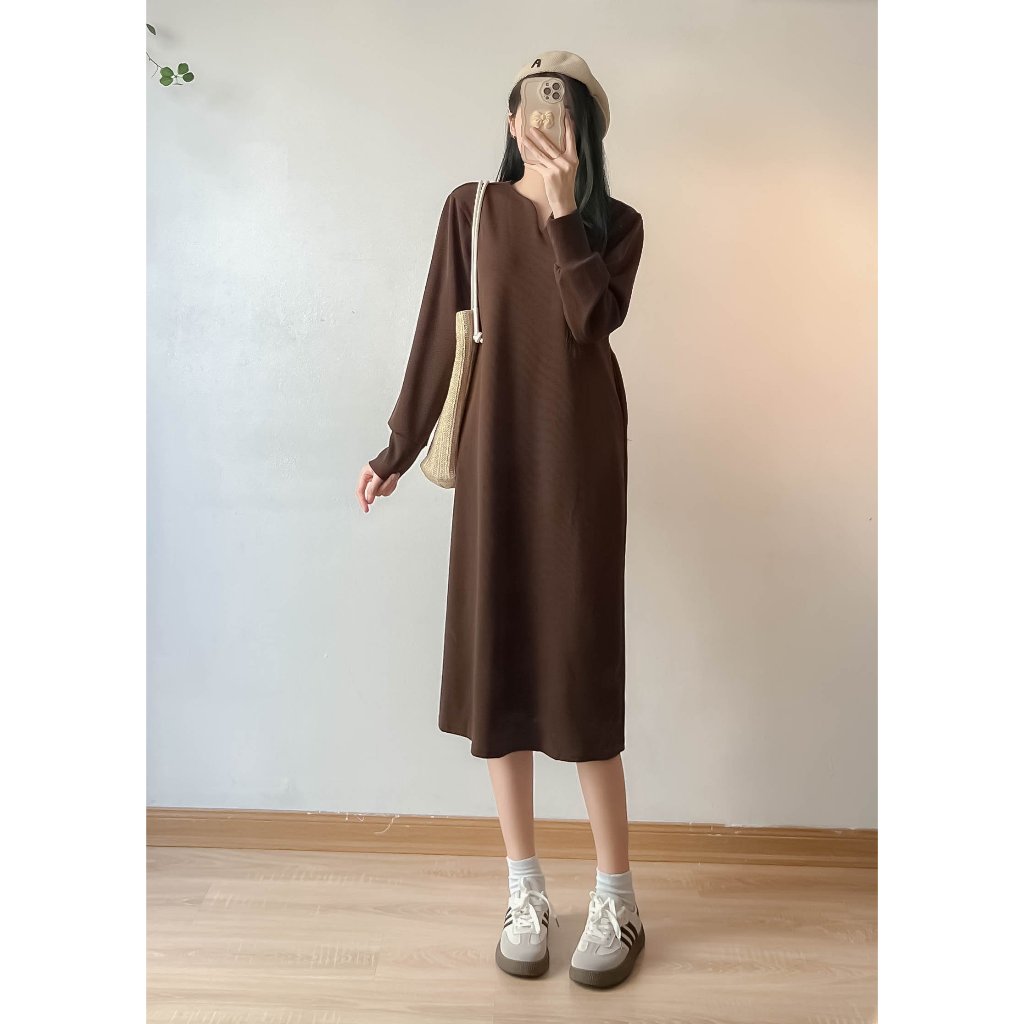 Váy dáng suông rộng dài chất nỉ tăm xẻ sau có túi 2 bên hông - Retrostyle - Vay0216_P5K1