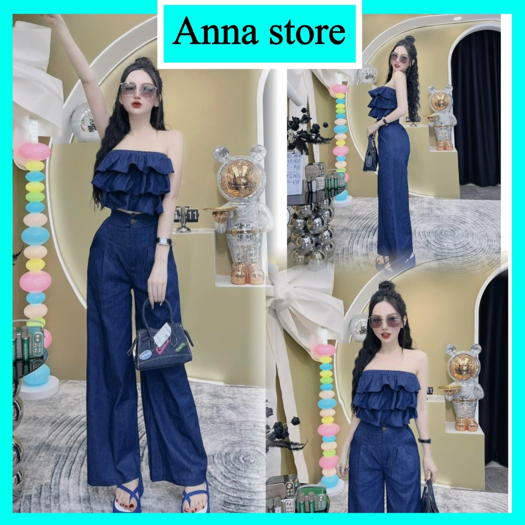 M934 Set Bộ Quần Suông Áo Ống Bèo Tầng Chất Jean Co Giãn Thoáng Mát Giúp Tôn Dáng Người Mặc Siêu Xinh