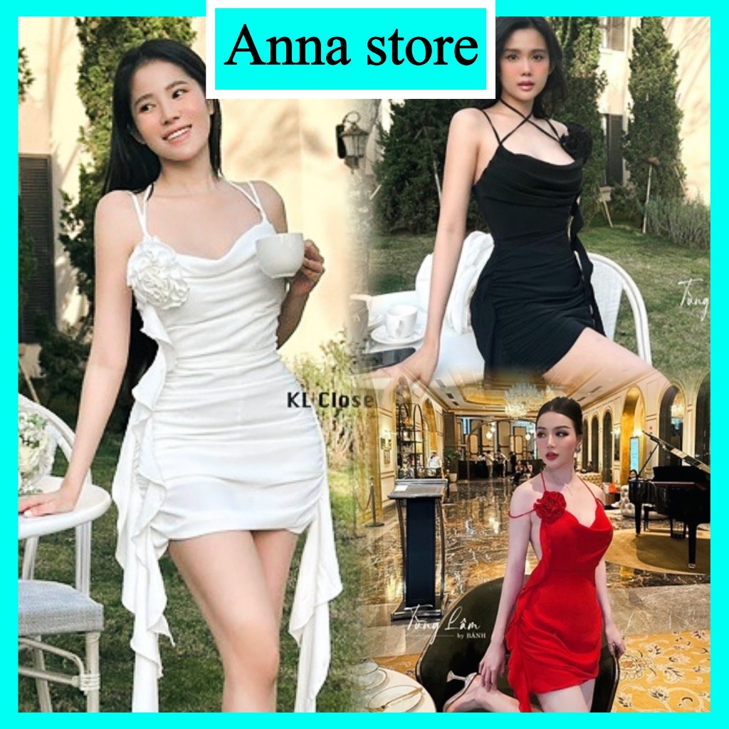 đầm body 2 dây cổ đổ nhún đính hoa hồng dây tua rua M1066