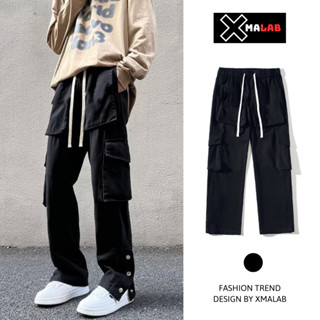Quần kaki túi hộp nam ống rộng XMALAB cạp chun dây rút gấu xẻ cúc bấm đen cá tính phong cách B084