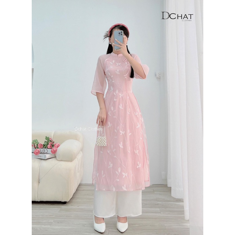 Áo Dài Cách Tân, Áo Dài Ren 4 tà Tay Loe Đính Nơ H12