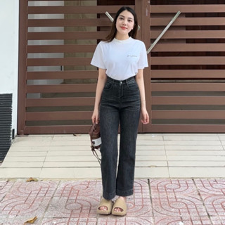 Quần jean ống đứng 92cm xám muối tiêu co giãn