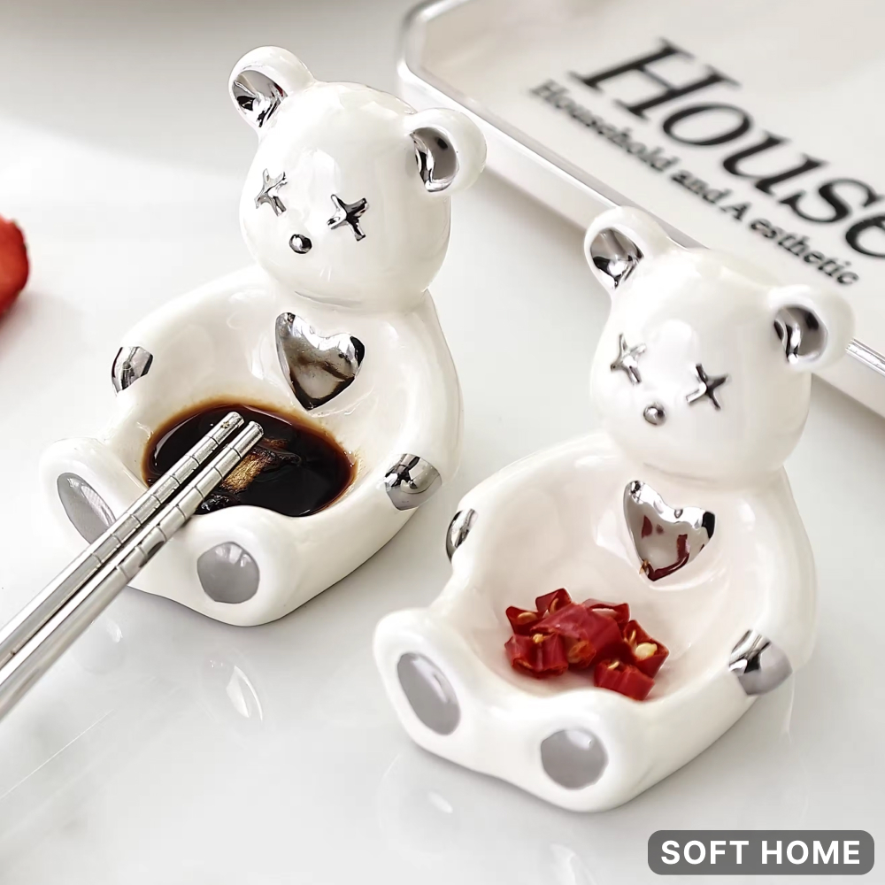 Khay đựng nước chấm hình gấu thiết kế đẹp mắt có giá kê đũa tiện lợi -  SOFTHOME 33