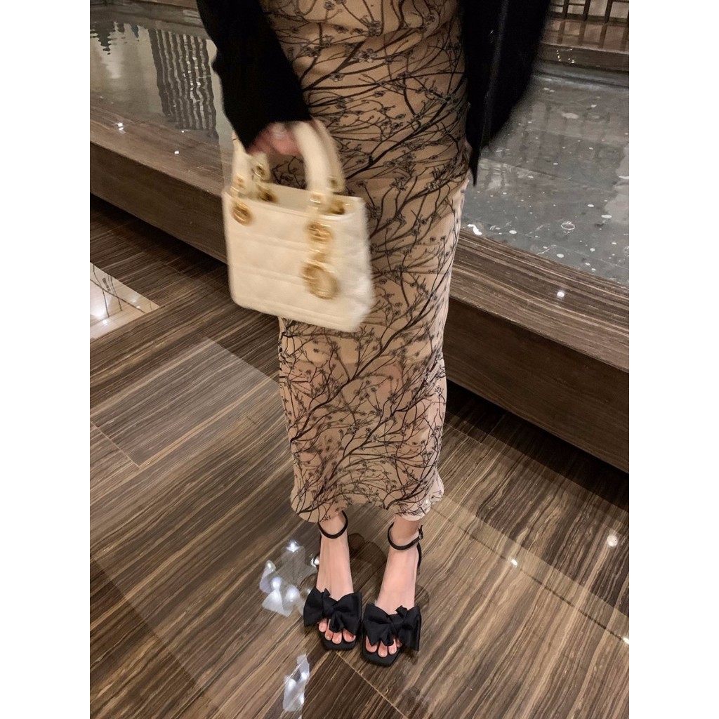 Giày sandanl cao gót nữ 7p thời trang mũi vuông phối nơ cực xinh