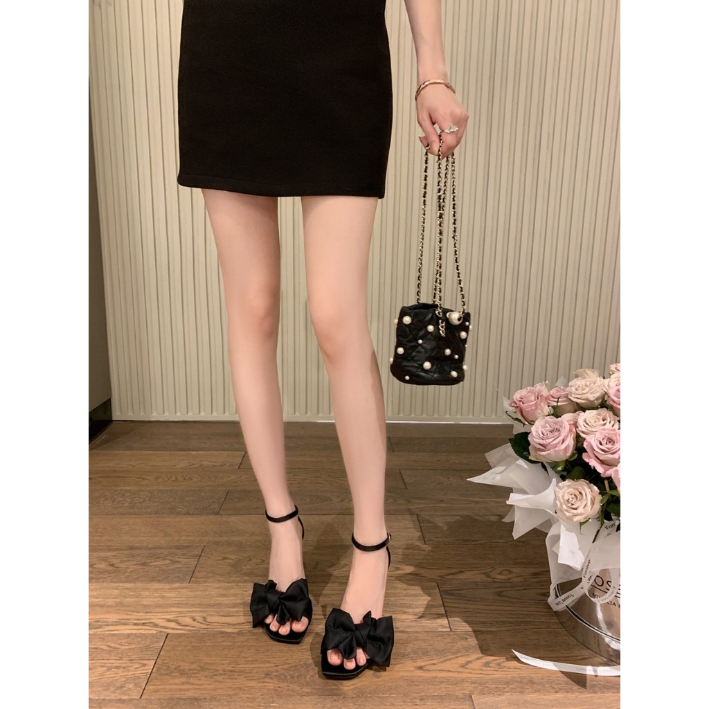 Giày sandanl cao gót nữ 7p thời trang mũi vuông phối nơ cực xinh