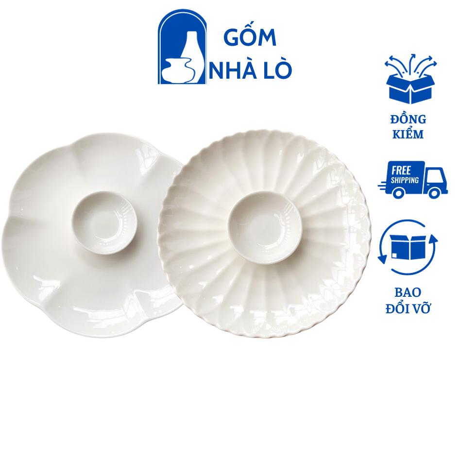 Đĩa Sứ Hoa Trắng Kèm Ngăn Đựng Gia Vị Chấm Gốm Sứ Men Bóng Gốm Nhà Lò