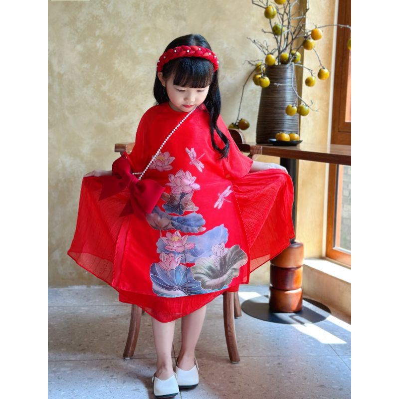 ÁO DÀI TẾT DẠNG ĐẦM VÁY VOAN TƠ TAY PHỒNG CÁCH TÂN BÉ GÁI HAIVANCO 10 đến 40 kg mềm mại và thoáng mát hoa văn độc đáo