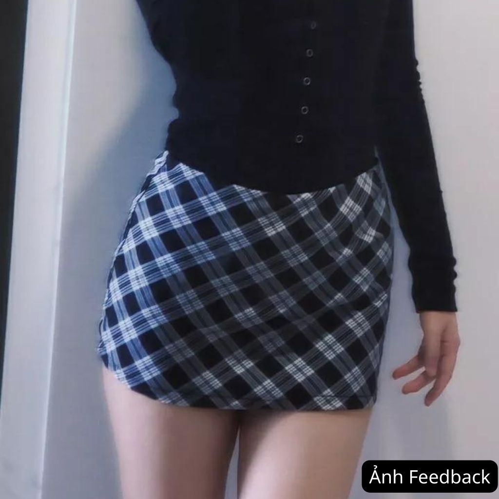 Chân váy Y2K kiểu cạp cao caro LALISA dáng ôm có lót quần, phong cách CV001